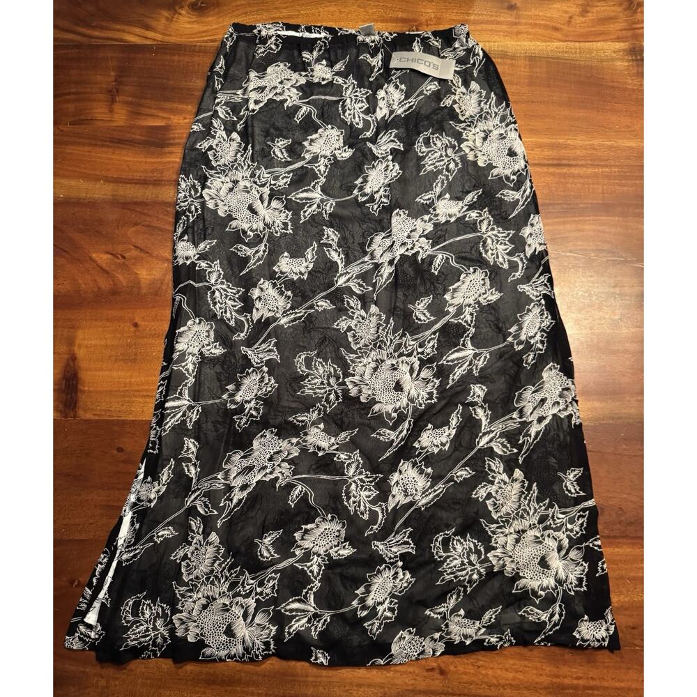 Chicos Black Floral Double Layer Lightweight Beach Rayon Midi Skirt Sz M - NEW
